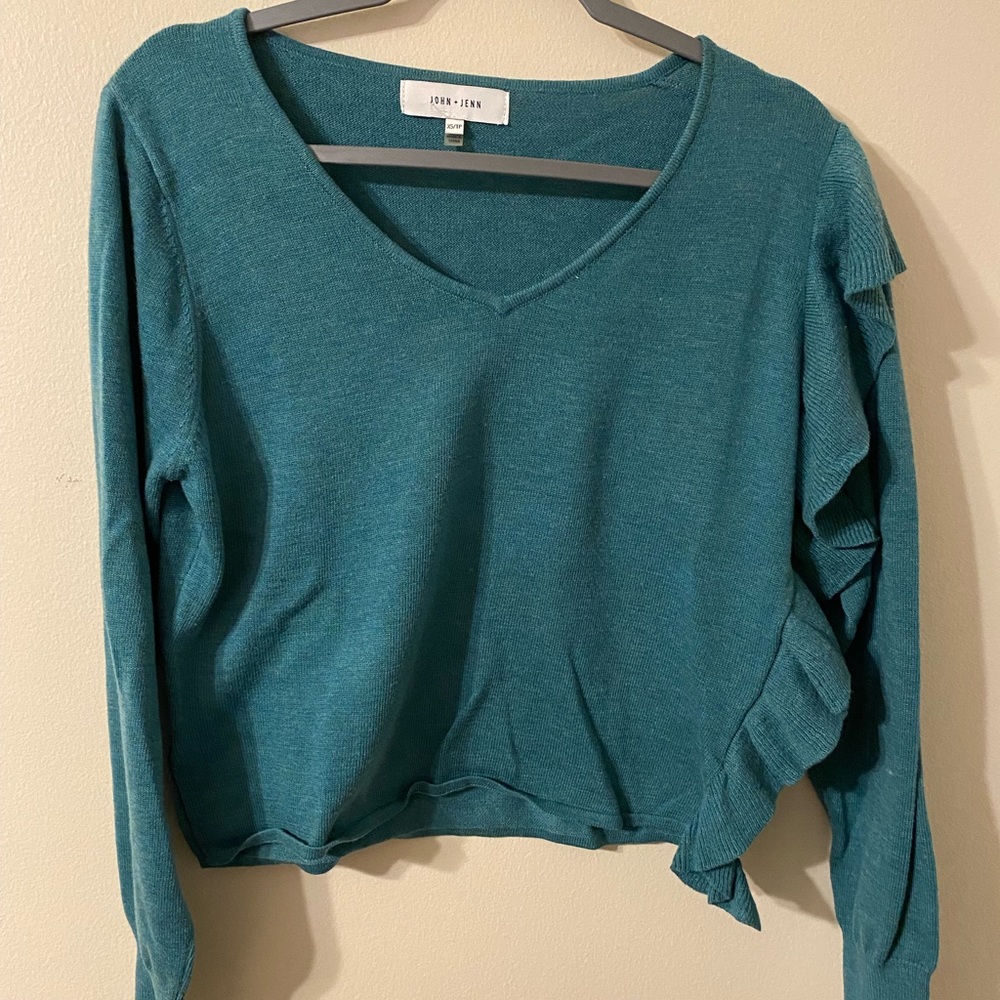 Womens John + Jenn Teal Ruffle V-Neck Wool Blend Sweater Size XS‎